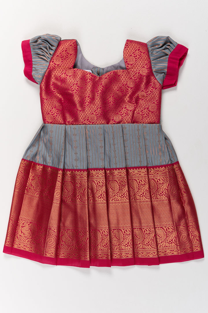 The Nesavu Girls Kanchi Silk Frock Traditional Gray and Red Pattu Pavadai for Girls with Silk Zari Weaving Nesavu Nesavu Traditional Gray Red Pattu Pavadai Girls Silk Zari Weaving