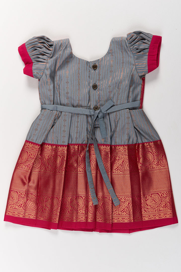 The Nesavu Girls Kanchi Silk Frock Traditional Gray and Red Pattu Pavadai for Girls with Silk Zari Weaving Nesavu Nesavu Traditional Gray Red Pattu Pavadai Girls Silk Zari Weaving