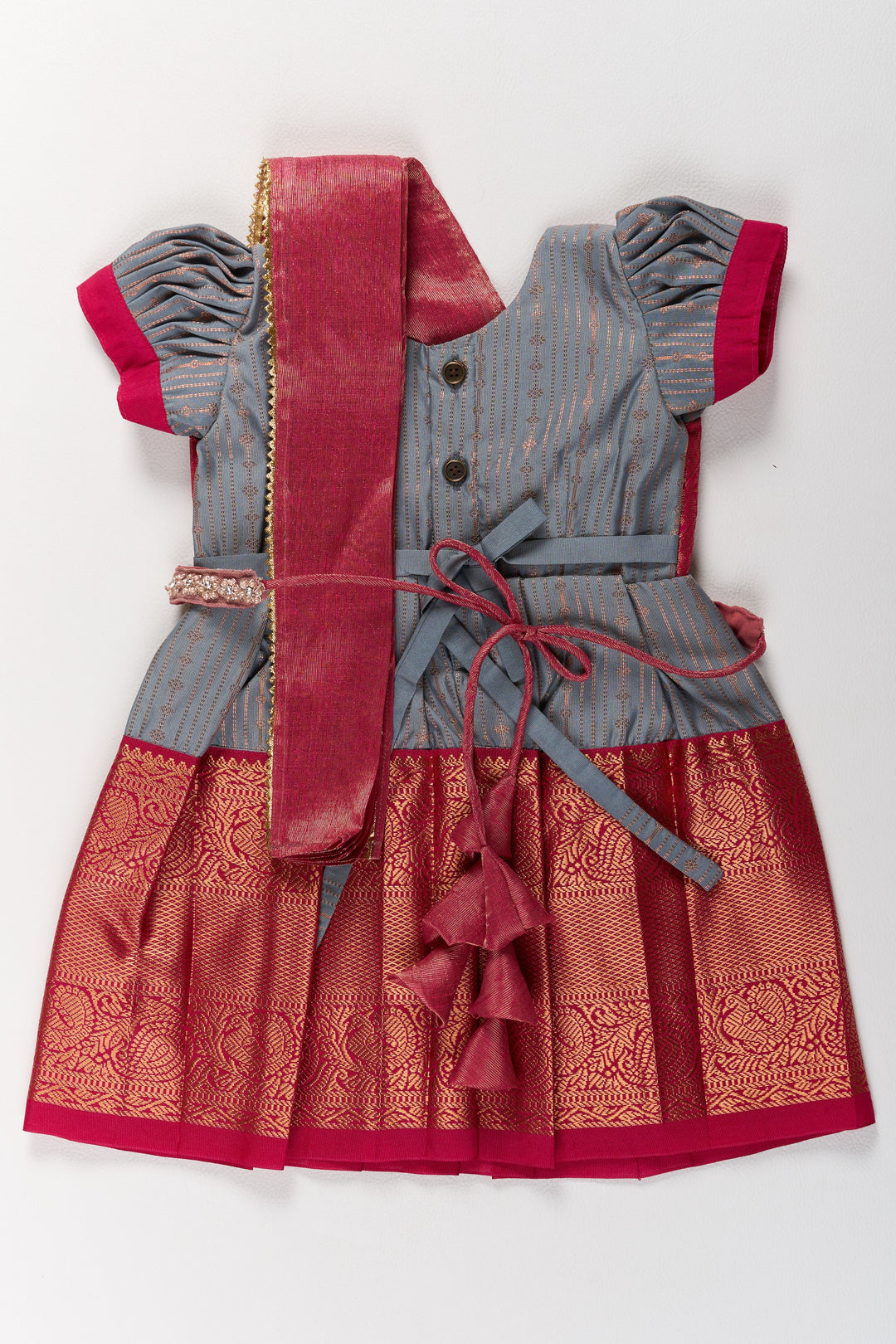 The Nesavu Girls Kanchi Silk Frock Traditional Gray and Red Pattu Pavadai for Girls with Silk Zari Weaving Nesavu Nesavu Traditional Gray Red Pattu Pavadai Girls Silk Zari Weaving