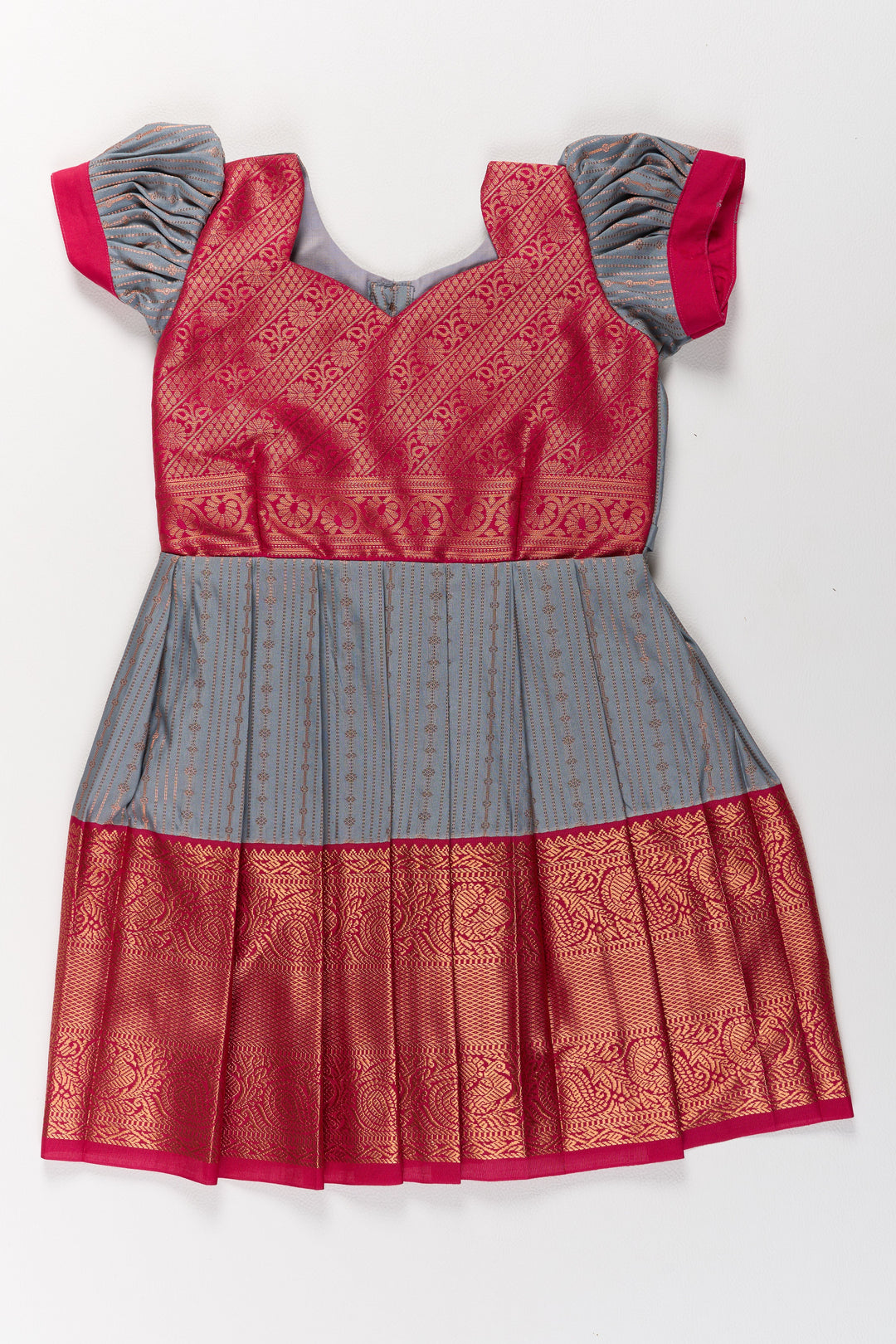 The Nesavu Girls Kanchi Silk Frock Traditional Gray and Red Pattu Pavadai for Girls with Silk Zari Weaving Nesavu Nesavu Traditional Gray Red Pattu Pavadai Girls Silk Zari Weaving