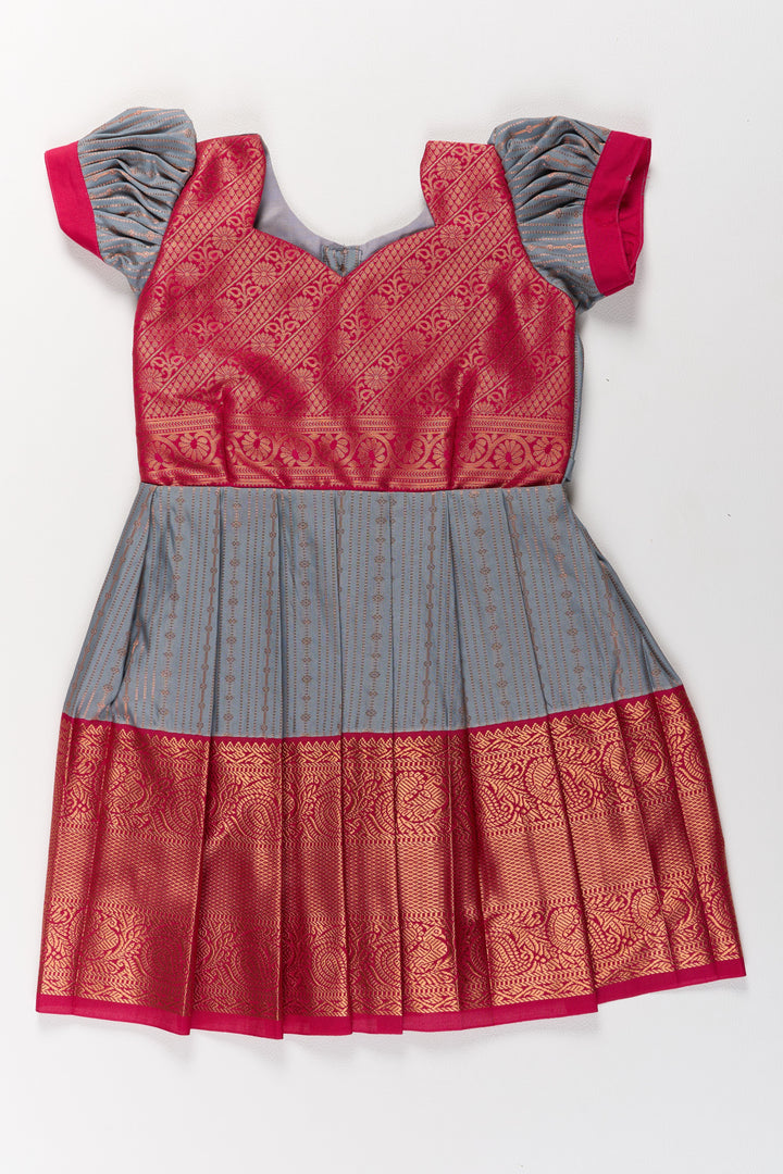 The Nesavu Girls Kanchi Silk Frock Traditional Gray and Red Pattu Pavadai for Girls with Silk Zari Weaving Nesavu Nesavu Traditional Gray Red Pattu Pavadai Girls Silk Zari Weaving