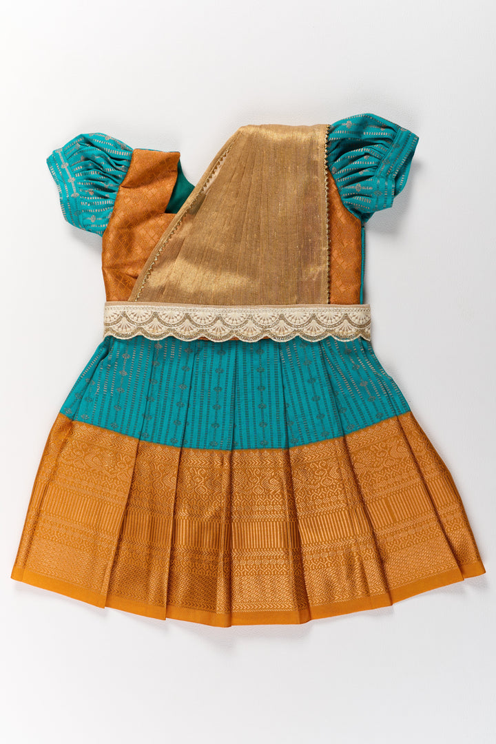 The Nesavu Girls Kanchi Silk Frock Traditional Green and Gold Pattu Pavadai for Girls with Intricate Zari Borders Nesavu 14 (6M) / Green / Style 1 SF820FA-14 Nesavu Traditional Green Gold Pattu Pavadai Girls Zari Borders