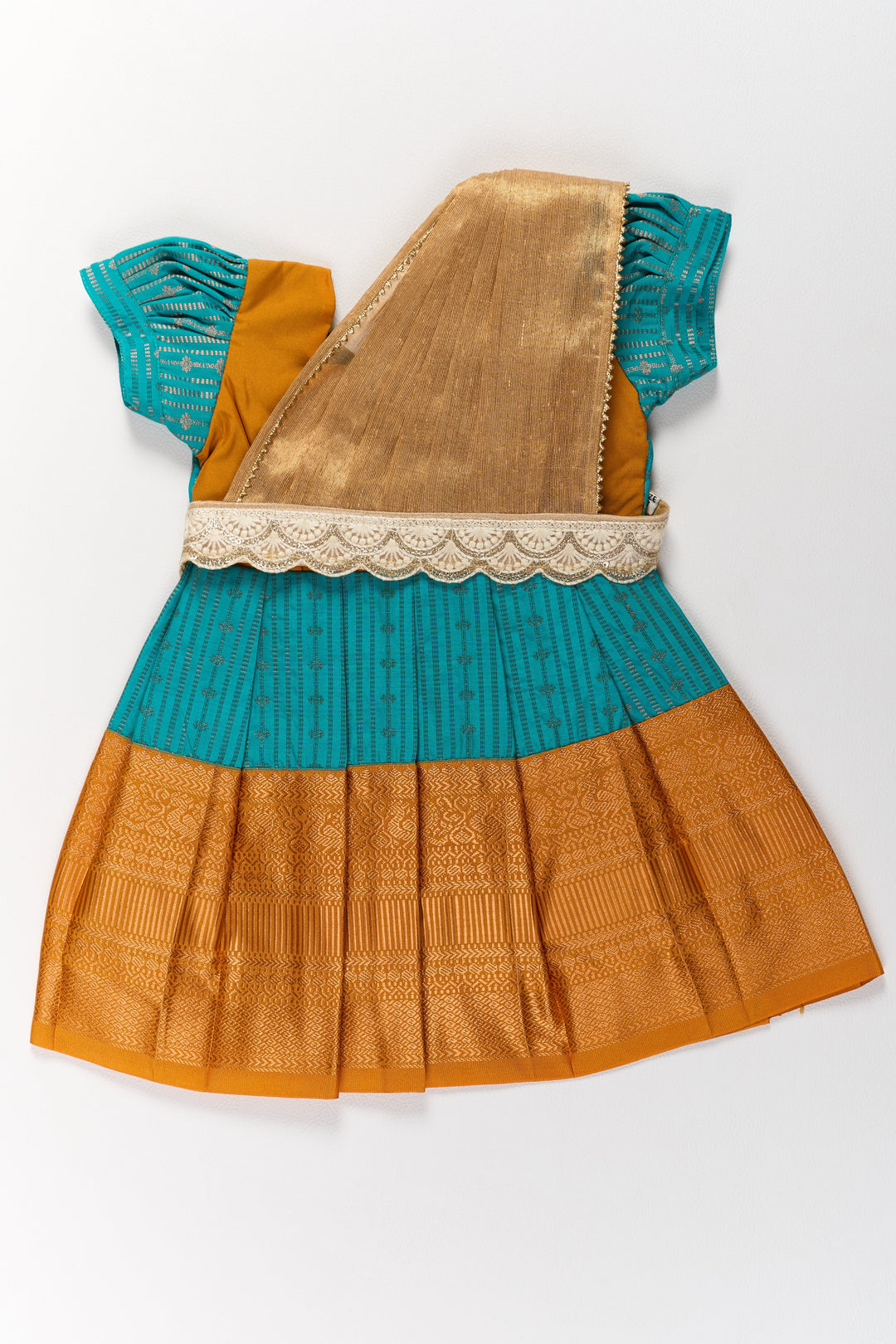 The Nesavu Girls Kanchi Silk Frock Traditional Green and Gold Pattu Pavadai for Girls with Intricate Zari Borders Nesavu 14 (6M) / Green / Style 3 SF820FC-14 Nesavu Traditional Green Gold Pattu Pavadai Girls Zari Borders