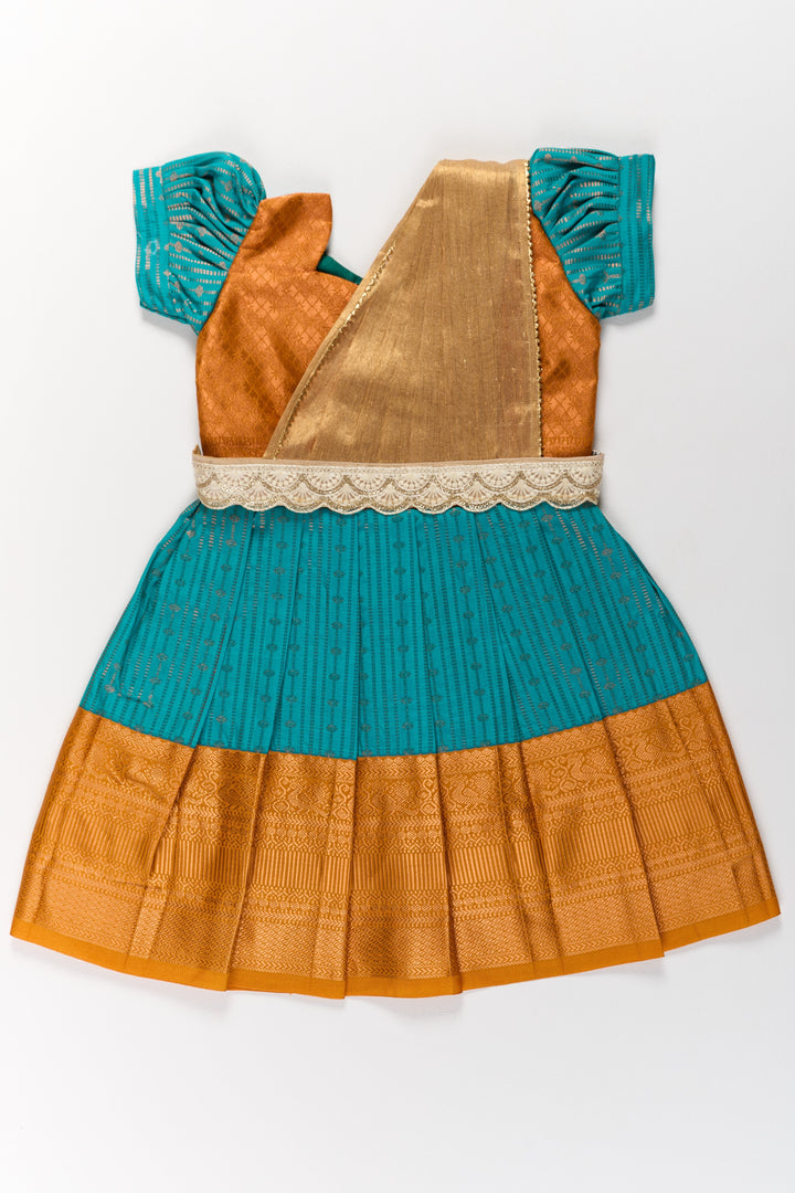 The Nesavu Girls Kanchi Silk Frock Traditional Green and Gold Pattu Pavadai for Girls with Intricate Zari Borders Nesavu 20 (3Y) / Green / Style 2 SF820FB-20 Nesavu Traditional Green Gold Pattu Pavadai Girls Zari Borders