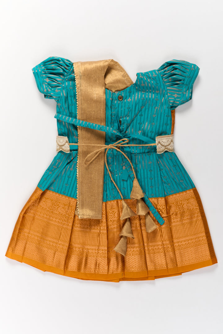 The Nesavu Girls Kanchi Silk Frock Traditional Green and Gold Pattu Pavadai for Girls with Intricate Zari Borders Nesavu Nesavu Traditional Green Gold Pattu Pavadai Girls Zari Borders
