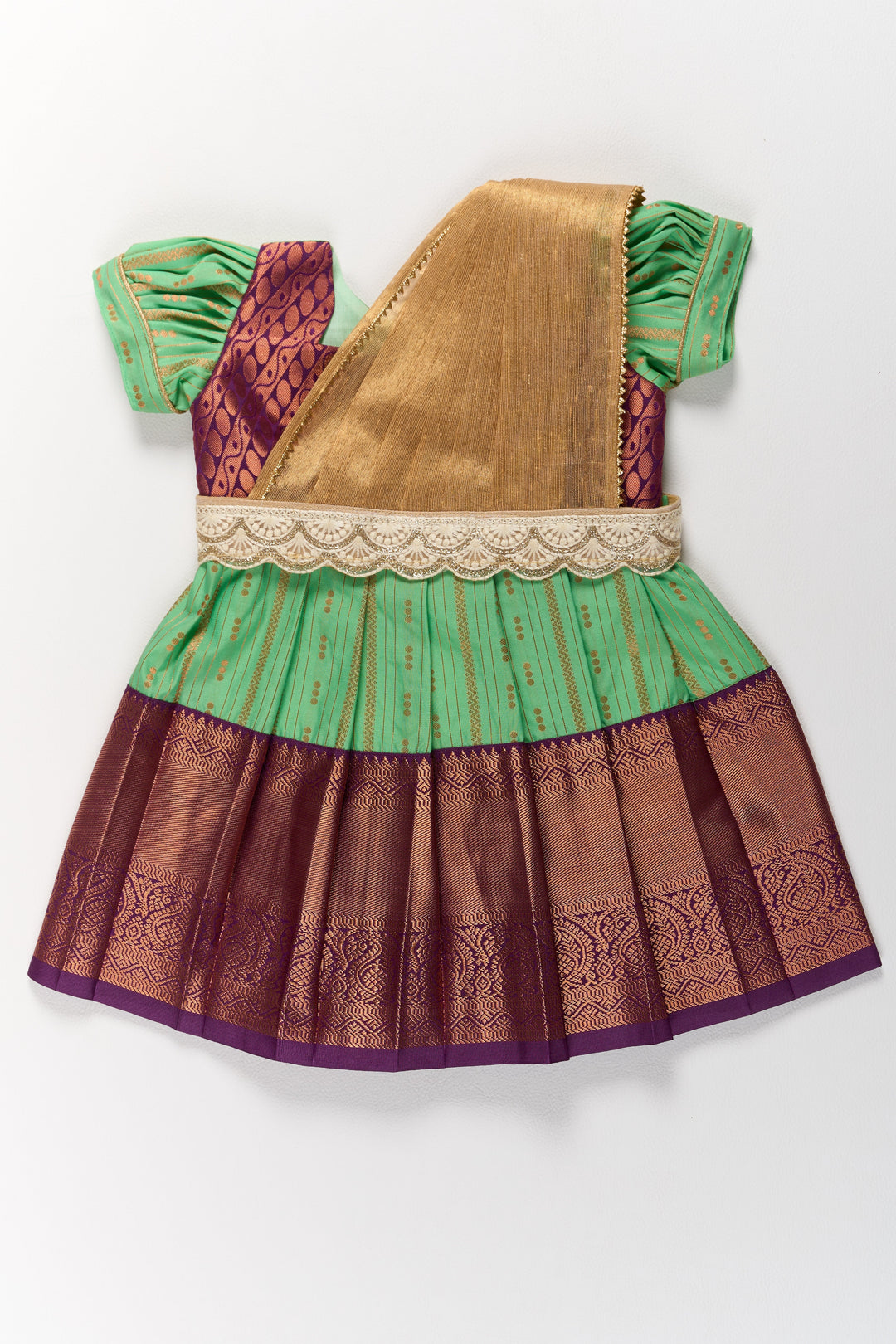 The Nesavu Girls Kanchi Silk Frock Traditional Green and Maroon Pattu Pavadai for Girls with Golden Zari Borders Nesavu 14 (6M) / Green / Style 1 SF828BA-14 Nesavu Traditional Green Maroon Pattu Pavadai Girls Golden Zari Borders