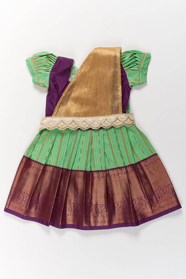 The Nesavu Girls Kanchi Silk Frock Traditional Green and Maroon Pattu Pavadai for Girls with Golden Zari Borders Nesavu 16 (1Y) / Green / Style 3 SF828BC-16 Nesavu Traditional Green Maroon Pattu Pavadai Girls Golden Zari Borders