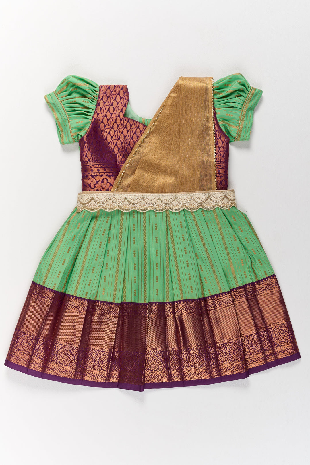 The Nesavu Girls Kanchi Silk Frock Traditional Green and Maroon Pattu Pavadai for Girls with Golden Zari Borders Nesavu 20 (3Y) / Green / Style 2 SF828BB-20 Nesavu Traditional Green Maroon Pattu Pavadai Girls Golden Zari Borders
