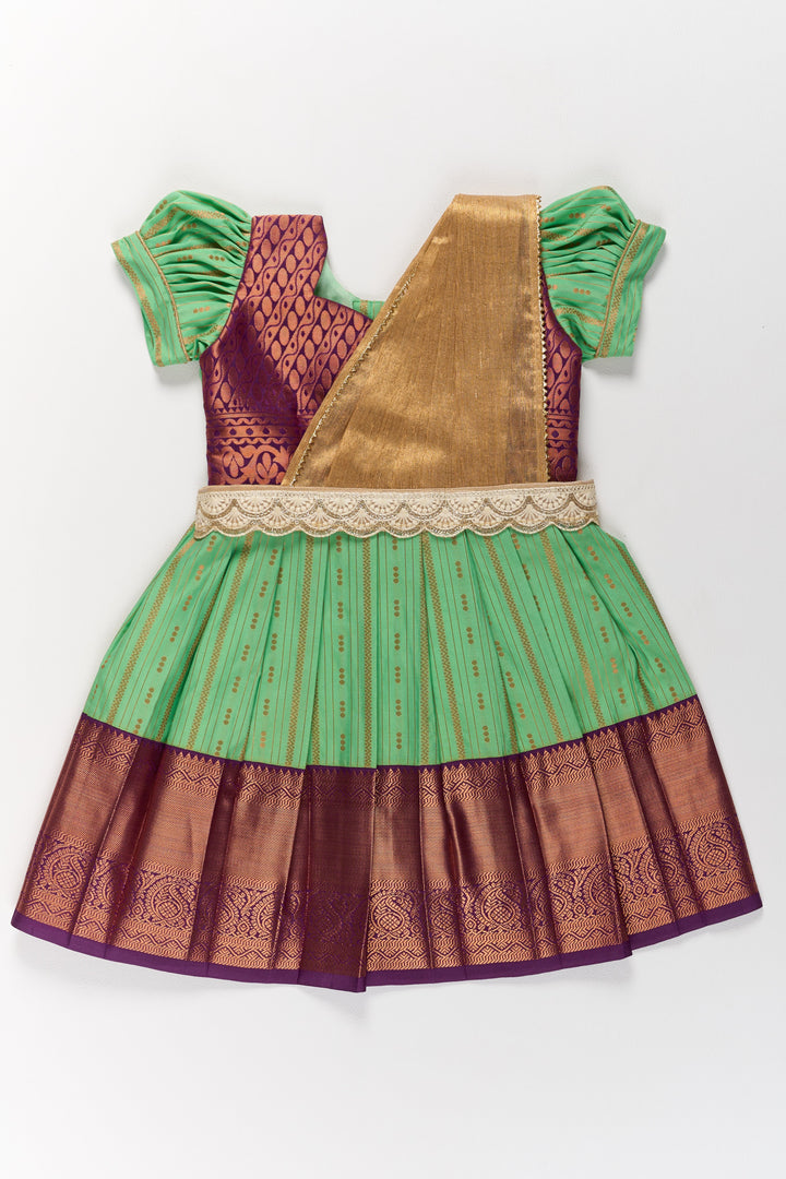 The Nesavu Girls Kanchi Silk Frock Traditional Green and Maroon Pattu Pavadai for Girls with Golden Zari Borders Nesavu 20 (3Y) / Green / Style 2 SF828BB-20 Nesavu Traditional Green Maroon Pattu Pavadai Girls Golden Zari Borders