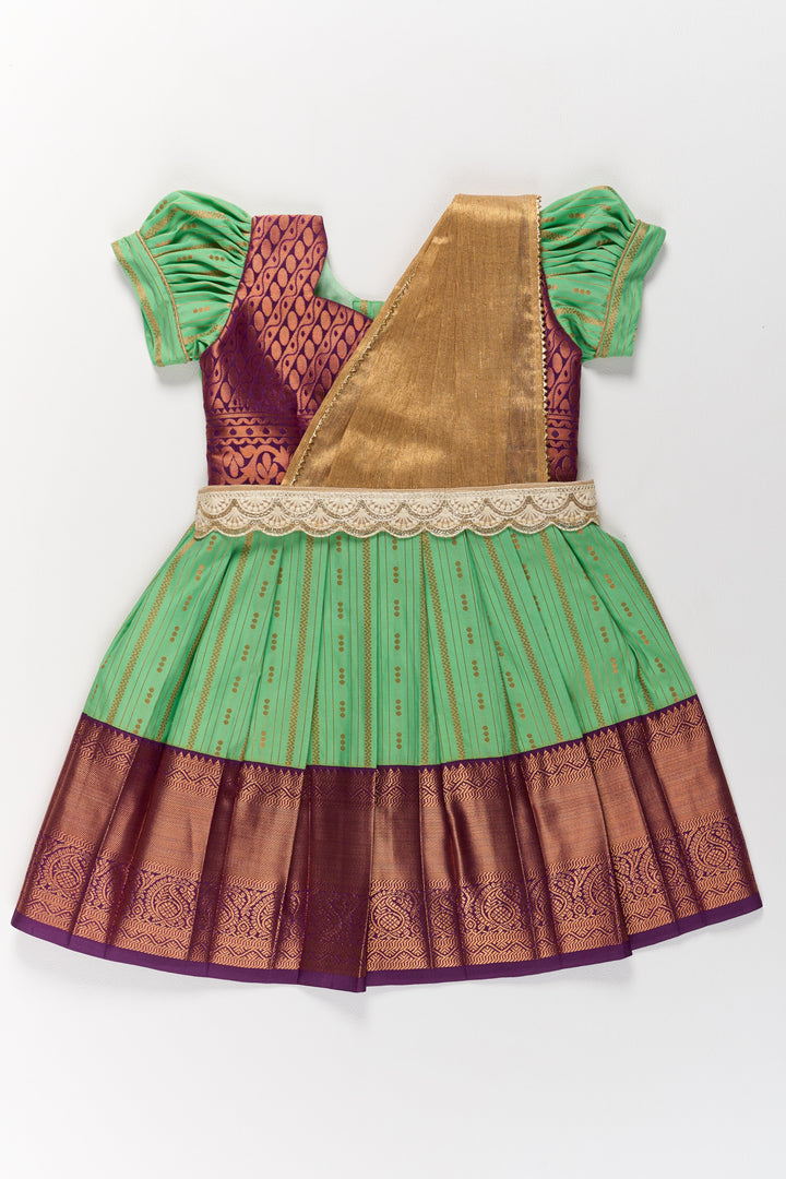 The Nesavu Girls Kanchi Silk Frock Traditional Green and Maroon Pattu Pavadai for Girls with Golden Zari Borders Nesavu 20 (3Y) / Green / Style 2 SF828BB-20 Nesavu Traditional Green Maroon Pattu Pavadai Girls Golden Zari Borders
