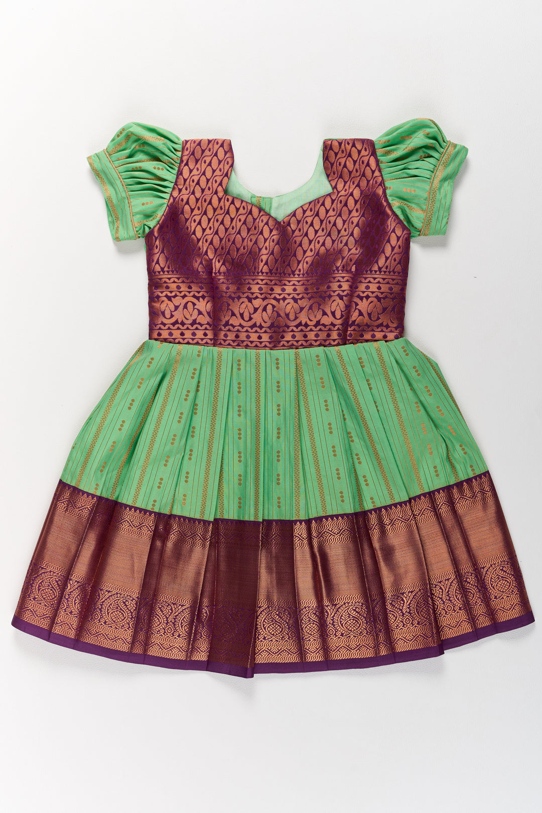 The Nesavu Girls Kanchi Silk Frock Traditional Green and Maroon Pattu Pavadai for Girls with Golden Zari Borders Nesavu Nesavu Traditional Green Maroon Pattu Pavadai Girls Golden Zari Borders