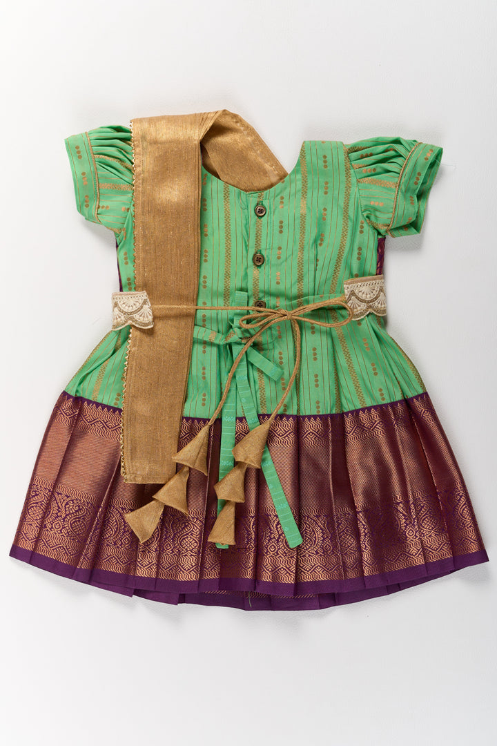 The Nesavu Girls Kanchi Silk Frock Traditional Green and Maroon Pattu Pavadai for Girls with Golden Zari Borders Nesavu Nesavu Traditional Green Maroon Pattu Pavadai Girls Golden Zari Borders
