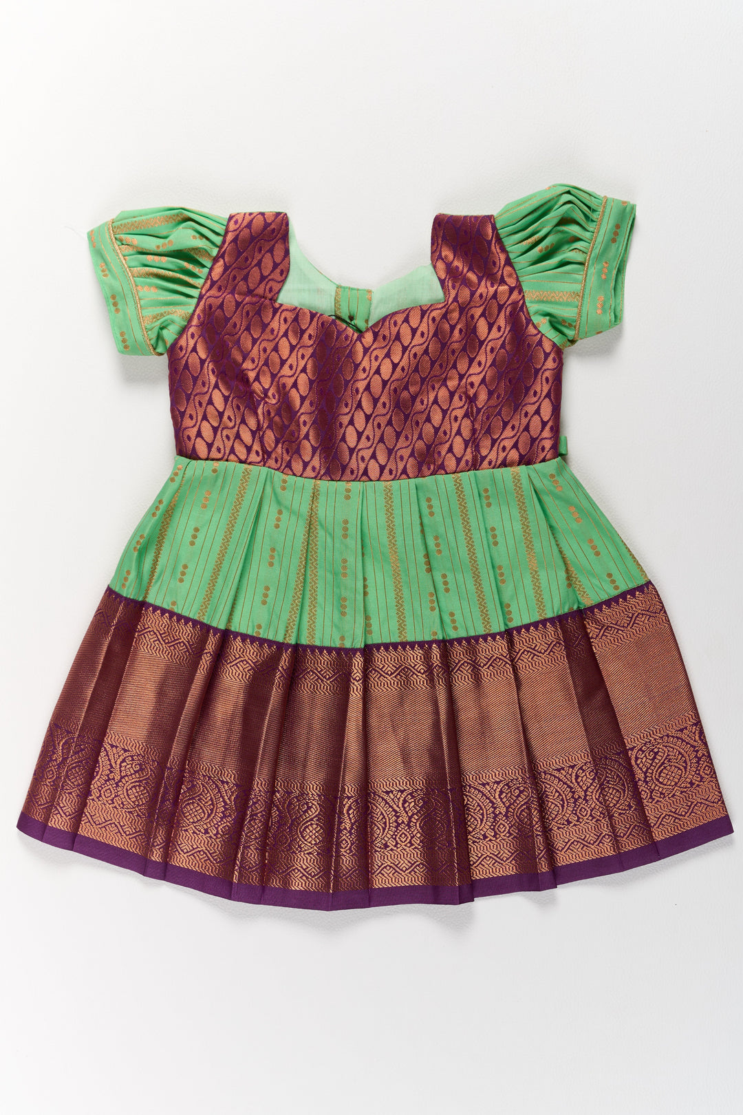 The Nesavu Girls Kanchi Silk Frock Traditional Green and Maroon Pattu Pavadai for Girls with Golden Zari Borders Nesavu Nesavu Traditional Green Maroon Pattu Pavadai Girls Golden Zari Borders