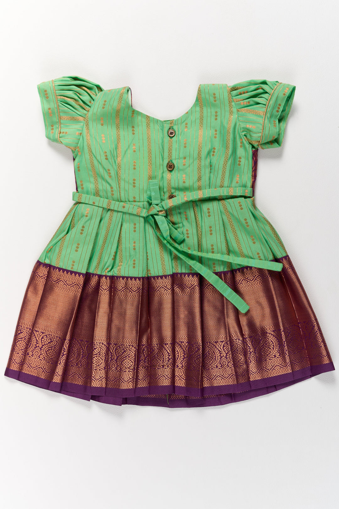 The Nesavu Girls Kanchi Silk Frock Traditional Green and Maroon Pattu Pavadai for Girls with Golden Zari Borders Nesavu Nesavu Traditional Green Maroon Pattu Pavadai Girls Golden Zari Borders