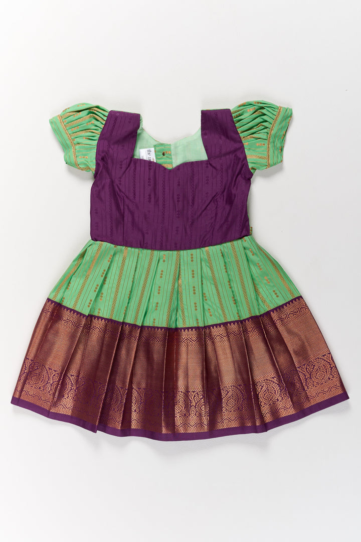The Nesavu Girls Kanchi Silk Frock Traditional Green and Maroon Pattu Pavadai for Girls with Golden Zari Borders Nesavu Traditional Green Maroon Pattu Pavadai Girls Golden Zari Borders | The Nesavu