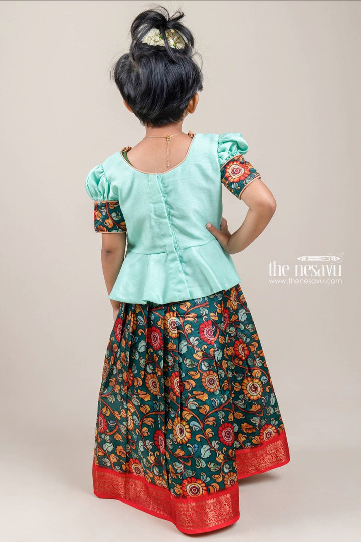 The Nesavu Pattu Pavadai Traditional Green Silk Pattu Pavadai with Floral Cuffs and Banarasi Border for Girls Nesavu Green Silk Pattu Pavadai with Floral Cuffs and Banarasi Border for Girls | The Nesavu