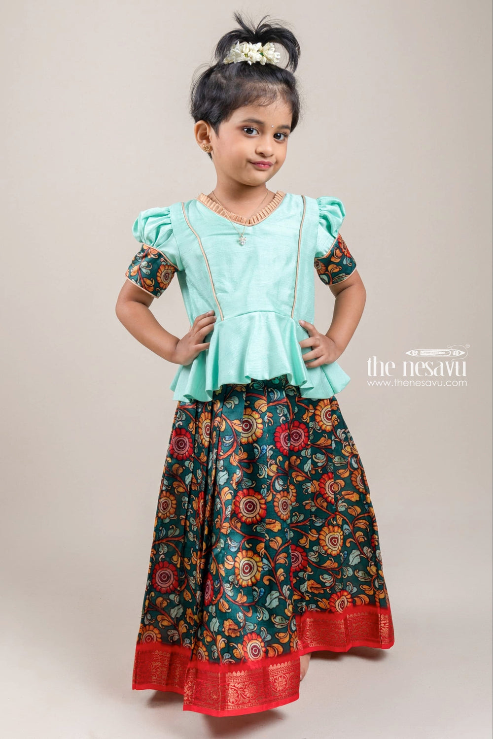 The Nesavu Pattu Pavadai Traditional Green Silk Pattu Pavadai with Floral Cuffs and Banarasi Border for Girls Nesavu Green Silk Pattu Pavadai with Floral Cuffs and Banarasi Border for Girls | The Nesavu