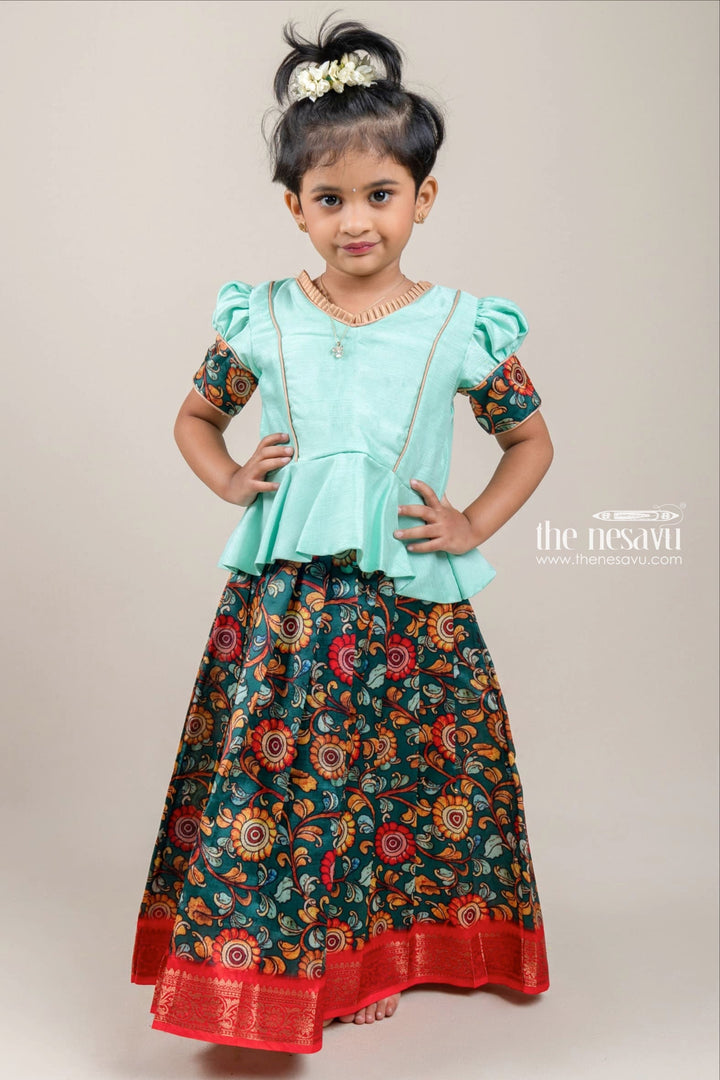 The Nesavu Pattu Pavadai Traditional Green Silk Pattu Pavadai with Floral Cuffs and Banarasi Border for Girls Nesavu Green Silk Pattu Pavadai with Floral Cuffs and Banarasi Border for Girls | The Nesavu