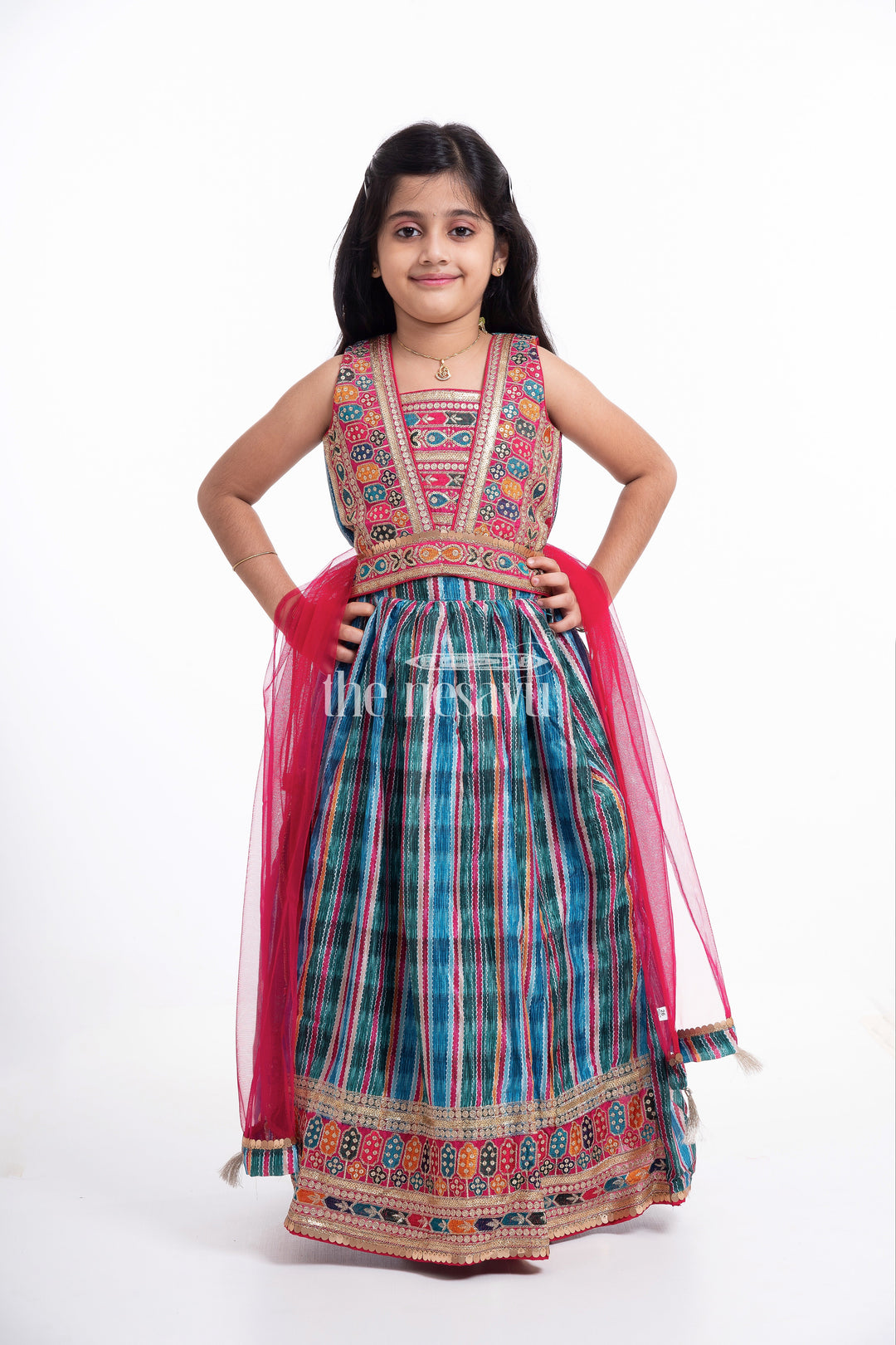 The Nesavu Girls Lehenga Choli Traditional Gujarati Style Embroidered Lehenga Choli for Girls Nesavu 16 (1Y) / multicolor GL457A-16 Traditional Gujarati Style Embroidered Lehenga Choli for Girls - Festive Wear