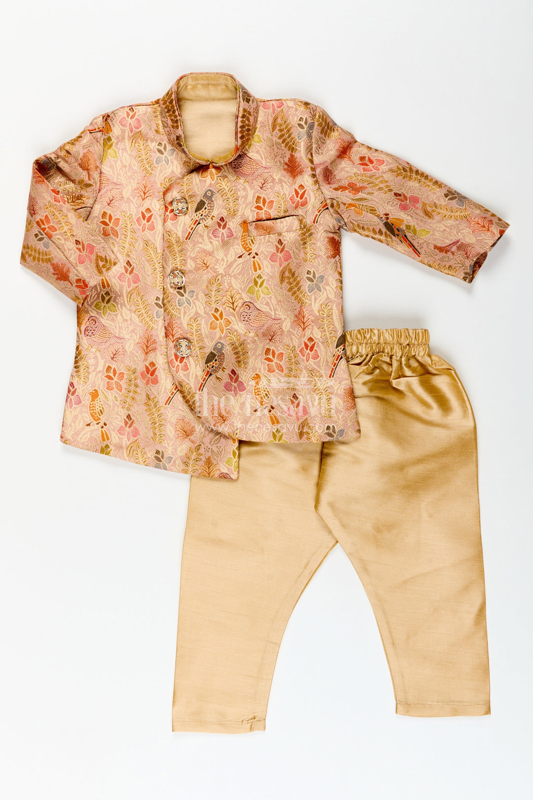 The Nesavu Boys Dothi Set Traditional kurta pajama set for boys with bird and floral digital print Nesavu 12 (3M) / Gold BES809A-12 Nesavu boys printed silk kurta pajama set birds floral design festive ethnic wear