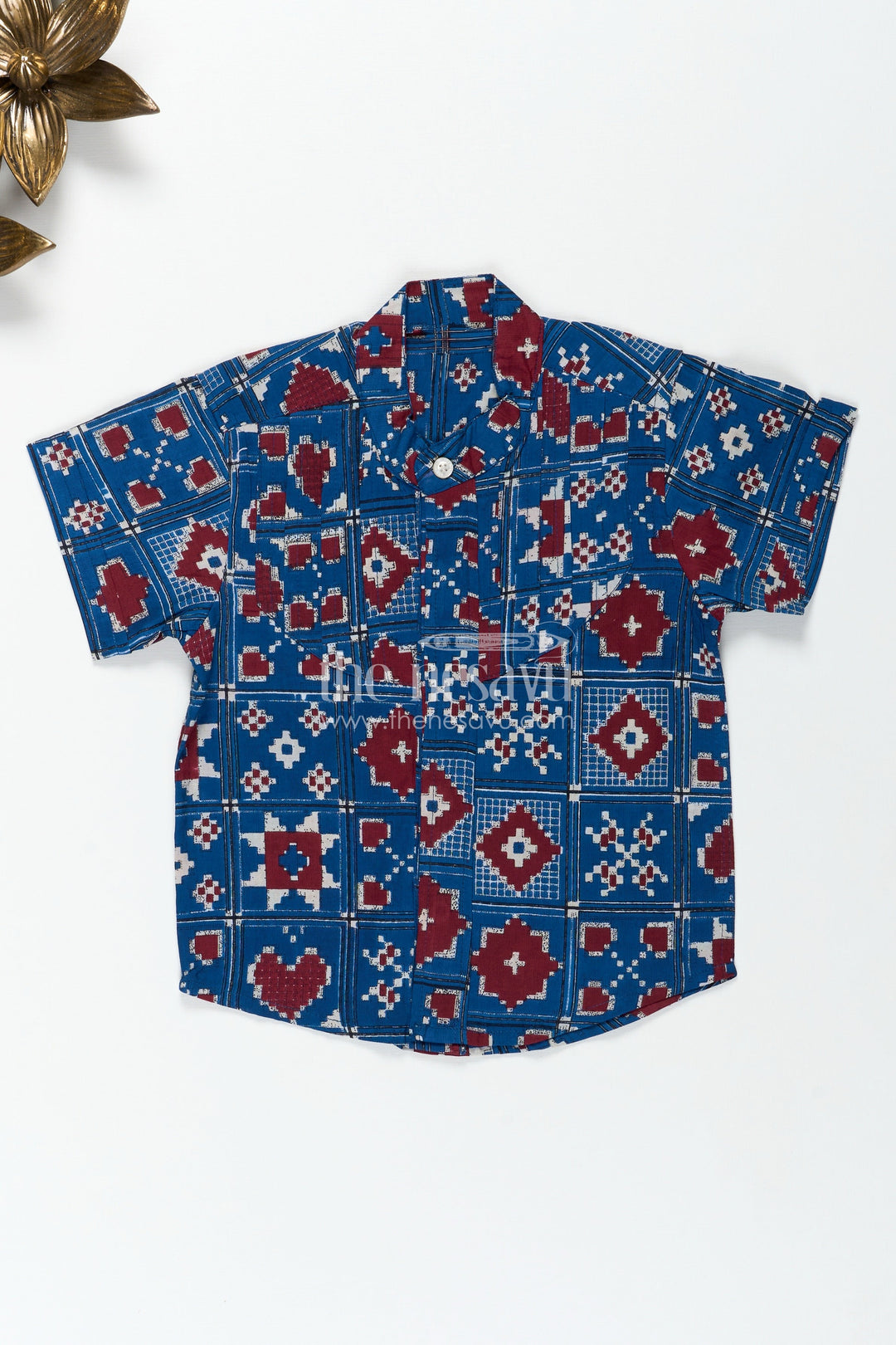 The Nesavu Boys Cotton Shirt Traditional Motif Shirt for Boys in Blue Cotton Ethnic Day Outfit Idea Nesavu 16 (1Y) / Blue BS277A-16 Nesavu Boys Ethnic Day Cotton Shirt Blue Traditional Motifs Heritage Inspired Geometric Design