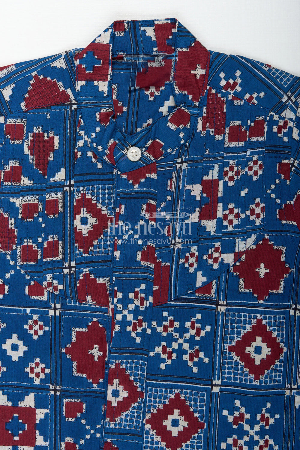 The Nesavu Boys Cotton Shirt Traditional Motif Shirt for Boys in Blue Cotton Ethnic Day Outfit Idea Nesavu Nesavu Boys Ethnic Day Cotton Shirt Blue Traditional Motifs Heritage Inspired Geometric Design