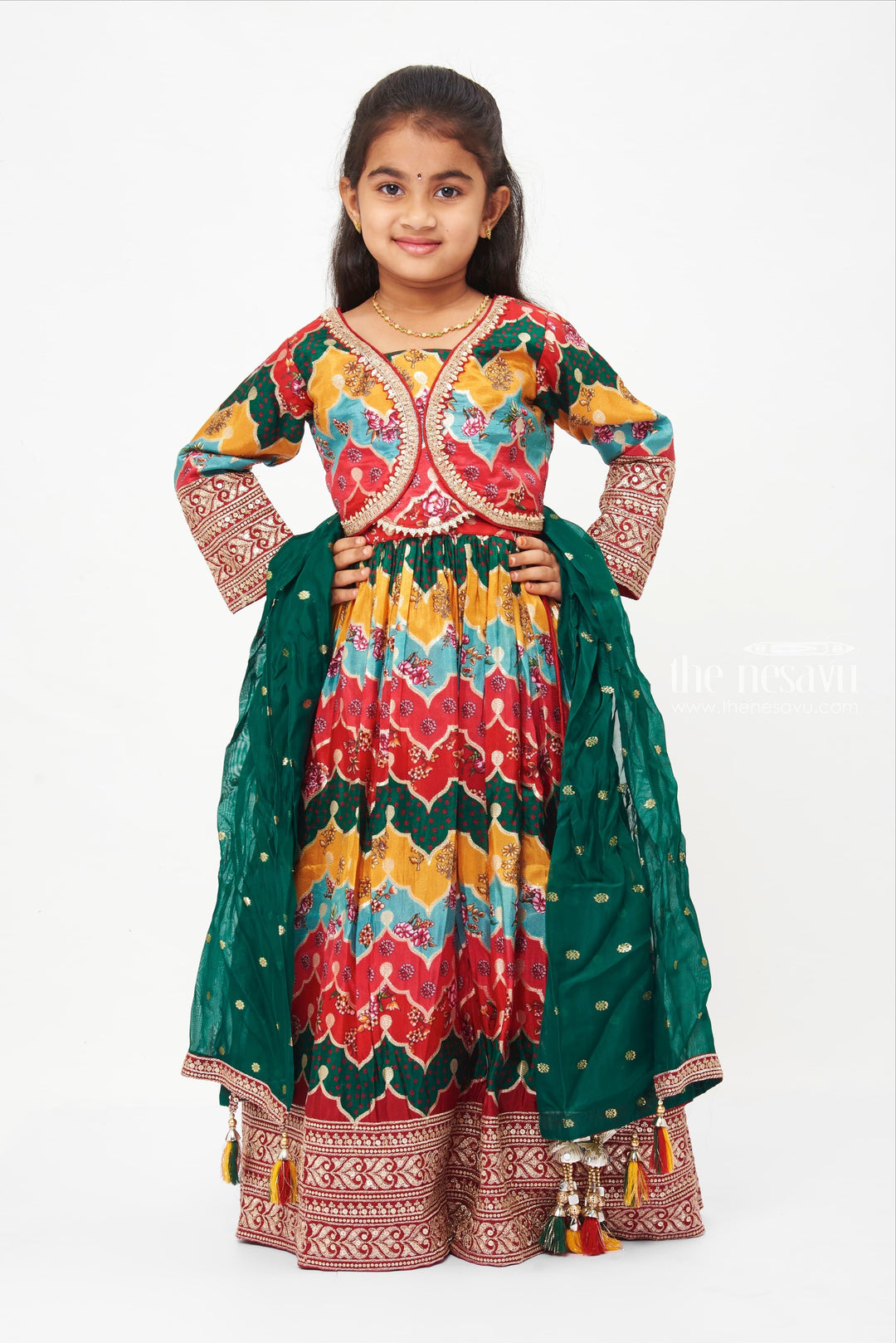 The Nesavu Girls Lehenga Choli Traditional Multicolor Bandhej Lehenga Choli with Embellished Dupatta for Girls Nesavu 24 (5Y) / multicolor / Modal Chanderi GL399A-24 Girls Multicolor Bandhej Lehenga Choli Set with Tasseled Dupatta | Festive Indian Attire | The Nesavu