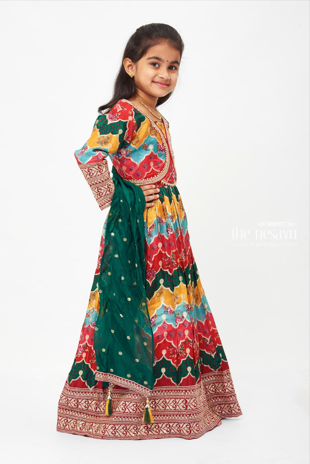 The Nesavu Girls Lehenga Choli Traditional Multicolor Bandhej Lehenga Choli with Embellished Dupatta for Girls Nesavu Girls Multicolor Bandhej Lehenga Choli Set with Tasseled Dupatta | Festive Indian Attire | The Nesavu