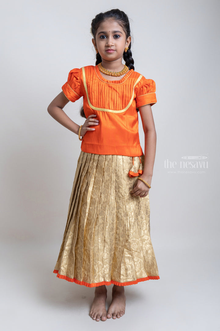 The Nesavu Pattu Pavadai Traditional Orange Silk Blouse With Beige Banarasi Pleated Designer Pattu Pavadai For Girls Nesavu 14 (6M) / Beige / Jacquard GPP254C-14 Silk Pavada For Girls | Premium Silk Frock Onine | The Nesavu
