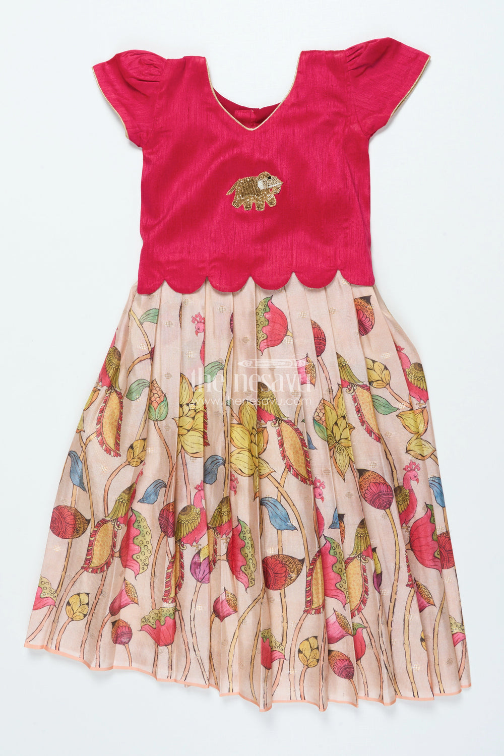 The Nesavu Pattu Pavadai Traditional Pattu Pavadai for Baby Girls for Festive Wear and Gifting Nesavu 18 (2Y) / Red GPP341A-18 Nesavu baby girl traditional pattu pavadai lotus motif skirt puff sleeve blouse