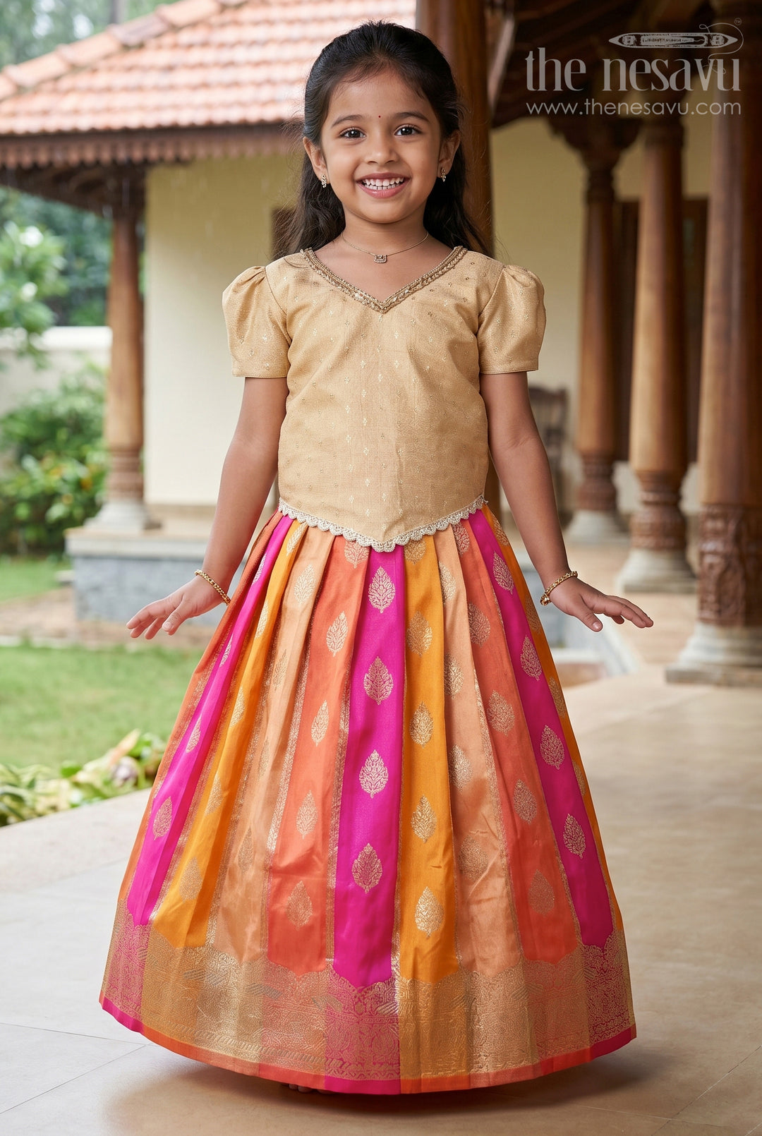 The Nesavu Pattu Pavadai Traditional Pattu Pavadai for Toddler Girls for Festive and Temple Wear Nesavu 16 (1Y) / Gold GPP334A-16 Nesavu traditional pattu pavadai toddler girls semi banaras skirt tissue silk yoke