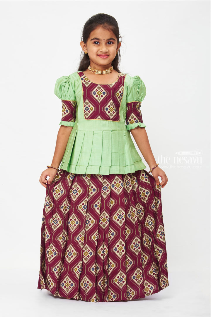 The Nesavu Pattu Pavadai Traditional Pattu Pavadai Set in Emerald and Burgundy with Intricate Patterns Nesavu 16 (1Y) / Green / Silk Blend GPP311B-16 Emerald & Burgundy Pattu Pavadai Set - Traditional Indian Silk Festive Wear | The Nesavu