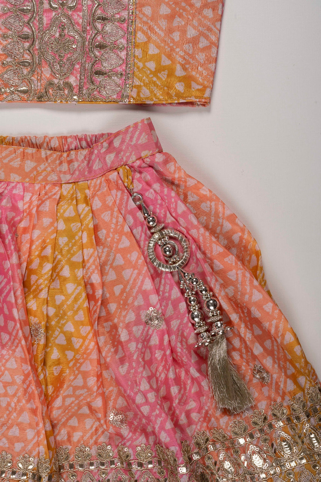 The Nesavu Girls Lehenga Choli Traditional Pink and Orange Bandhani Embroidered Lehenga Choli Nesavu Embroidered Lehenga Choli | Traditional Wedding & Festival Wear | The Nesavu