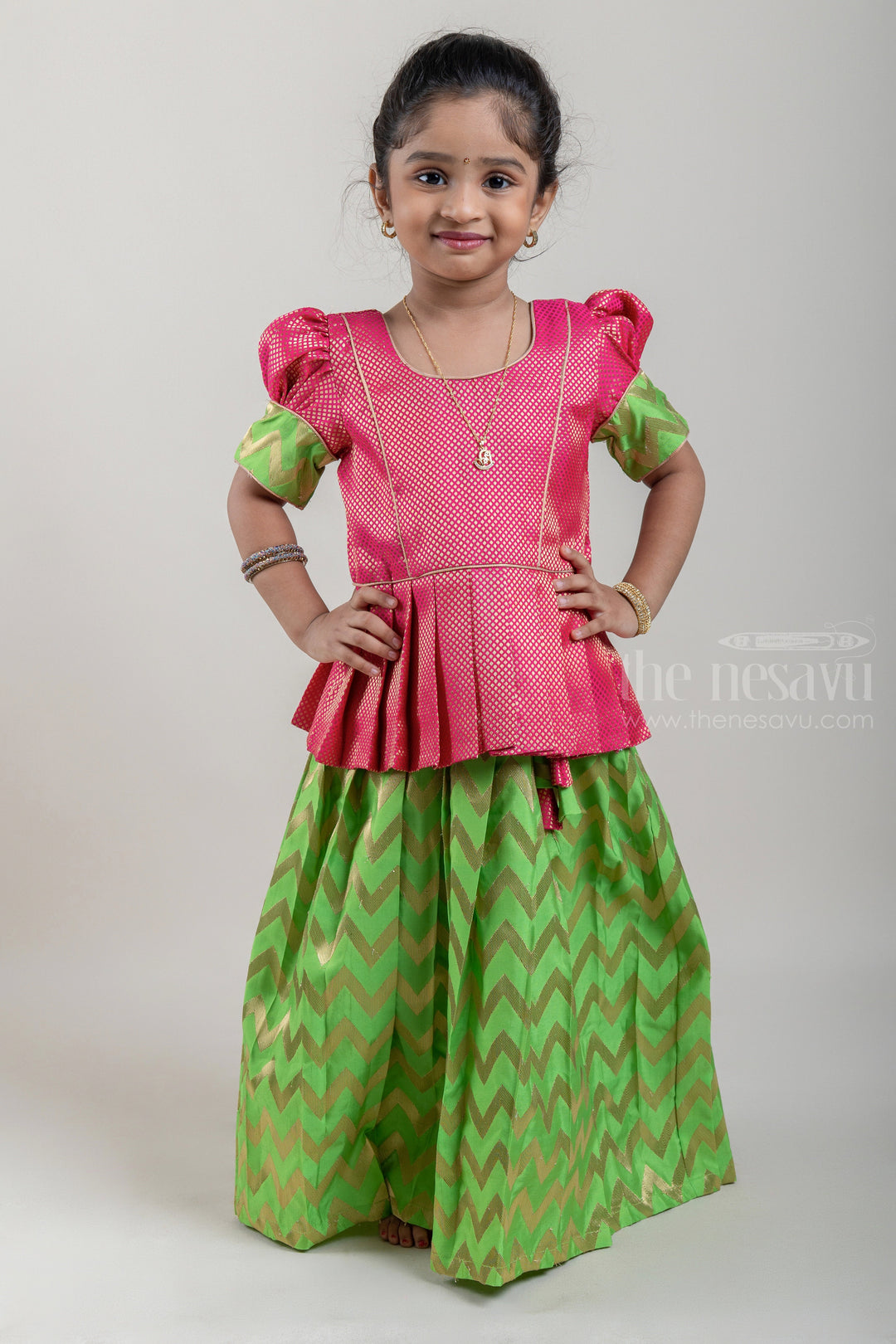 The Nesavu Pattu Pavadai Traditional Pink Brocade Designer Silk Blouse with Green Silk Skirt for Girls Nesavu 14 (6M) / Green / Jacquard GPP276B-14 Ethnic Pink Brocade Silk Blouse with Green Silk Skirt | Traditional Pattu Pavadai |The Nesavu