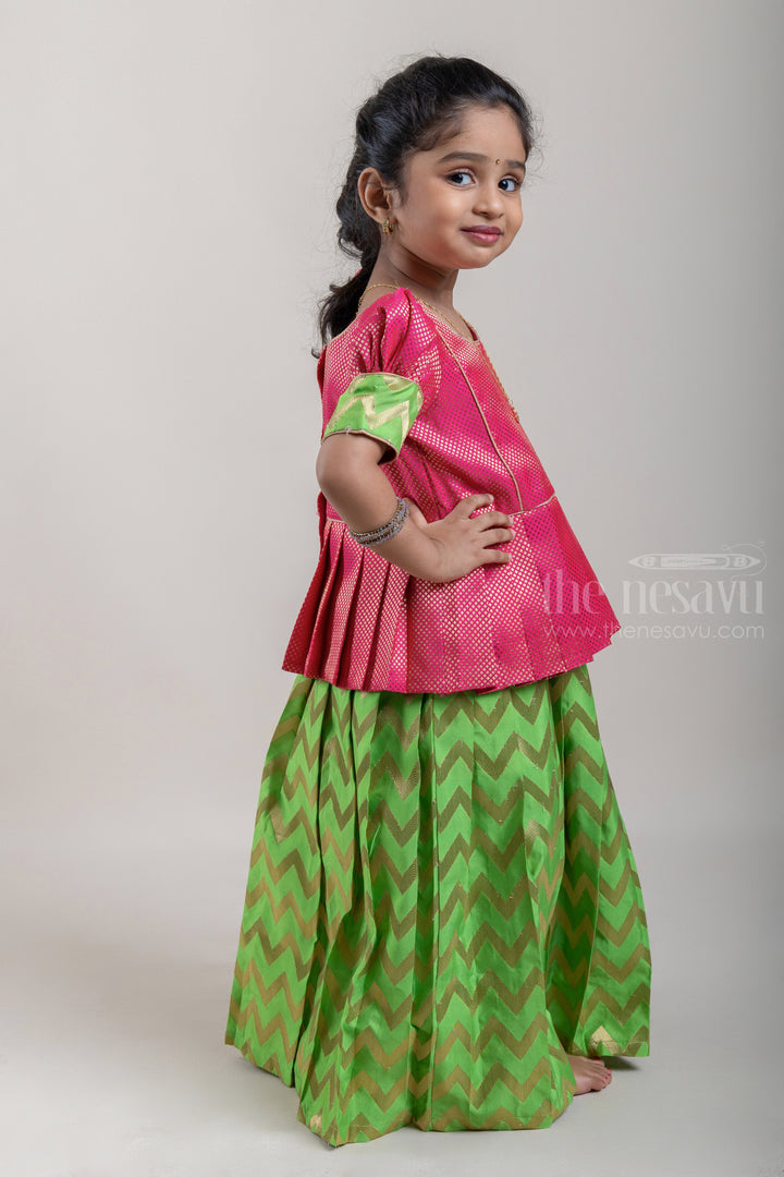 The Nesavu Pattu Pavadai Traditional Pink Brocade Designer Silk Blouse with Green Silk Skirt for Girls Nesavu Ethnic Pink Brocade Silk Blouse with Green Silk Skirt | Traditional Pattu Pavadai |The Nesavu