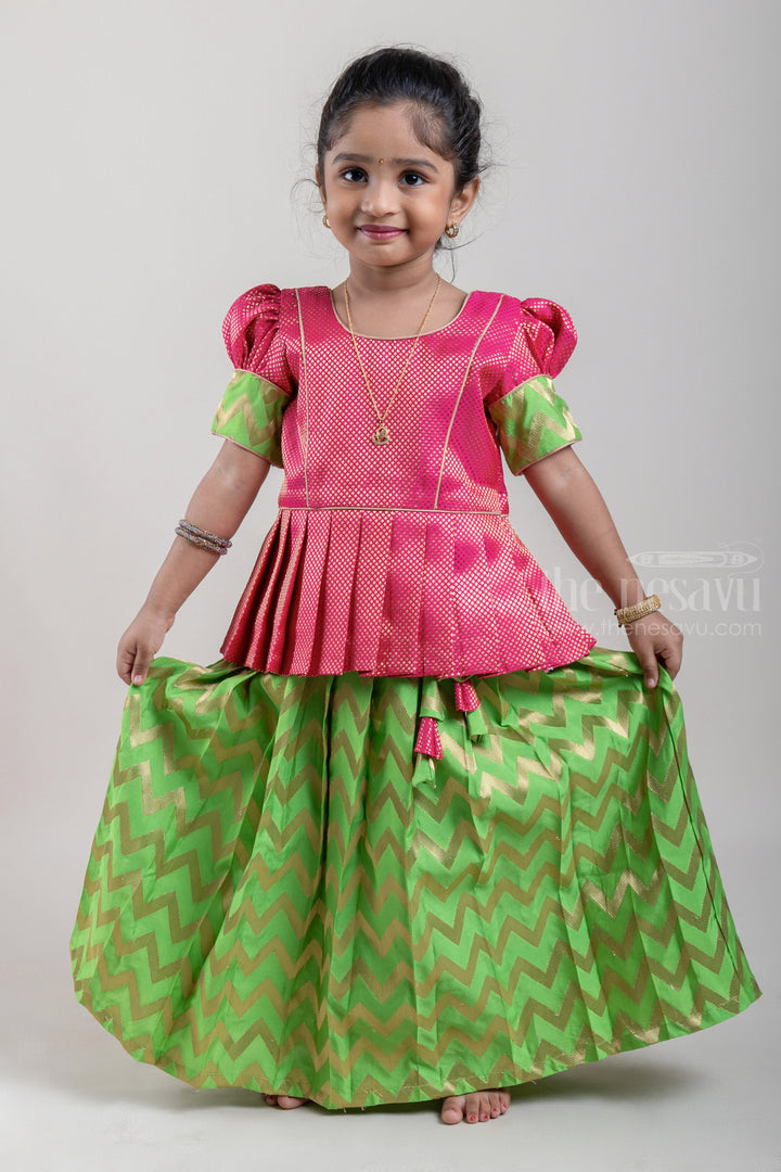 The Nesavu Pattu Pavadai Traditional Pink Brocade Designer Silk Blouse with Green Silk Skirt for Girls Nesavu Ethnic Pink Brocade Silk Blouse with Green Silk Skirt | Traditional Pattu Pavadai |The Nesavu