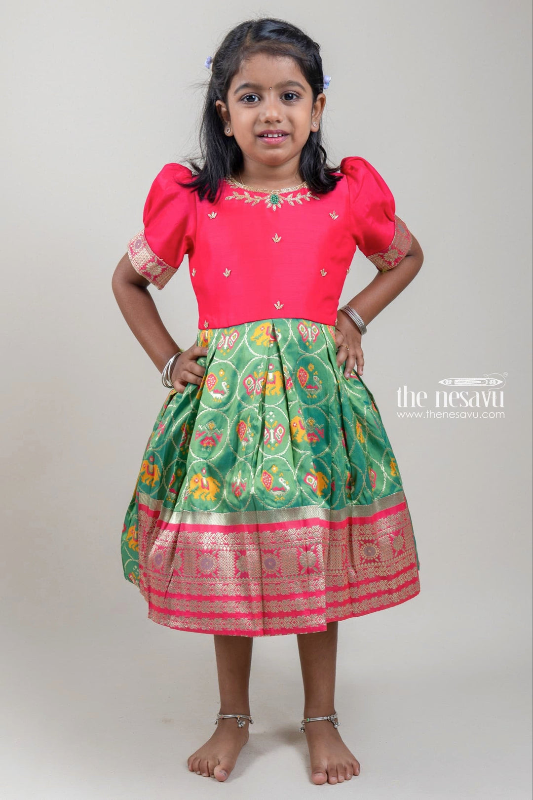 The Nesavu Silk Party Frock Traditional Red And Green Elephant Designer Semi-Silk Frock For Girls Nesavu 14 (6M) / Red / Silk Blend SF568-14 Latest Silk Gown For Girls | Premium Silk Frock | The Nesavu