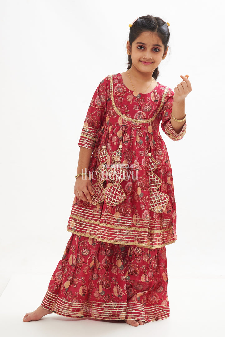 The Nesavu Girls Sharara / Plazo Set Traditional Red Modal Silk Top Palazzo Sharara Set for Festive Occasions Nesavu 24 (5Y) / multicolor GPS353A-24 Traditional Red Modal Silk Top Palazzo Sharara Set for Girls | Festive Wear