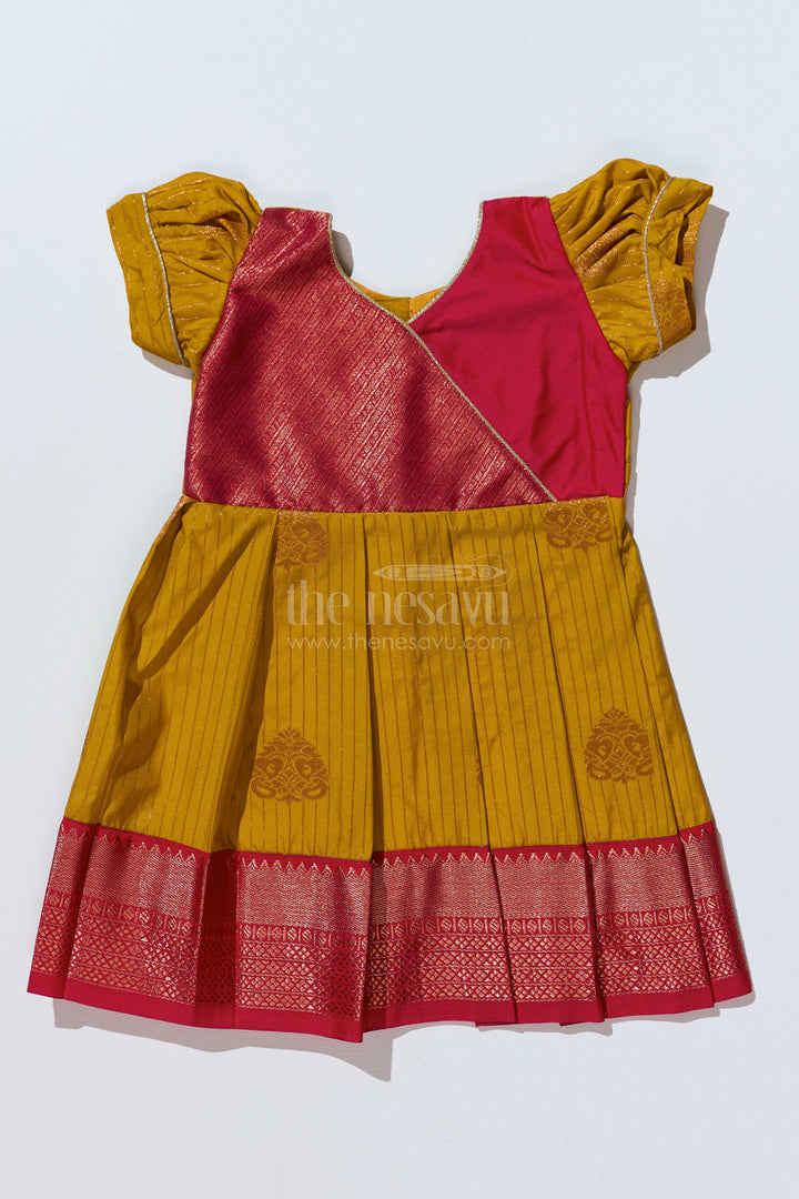 The Nesavu Girls Kanchi Silk Frock Traditional Red Silk Frock for Girls with Kanchipuram Blended Silk and Elegant Zari Border Nesavu 14 (6M) / Red / Style 3 SF816DC-14 Nesavu Traditional Red Silk Frock Girls Kanchipuram Blended Silk Zari Border