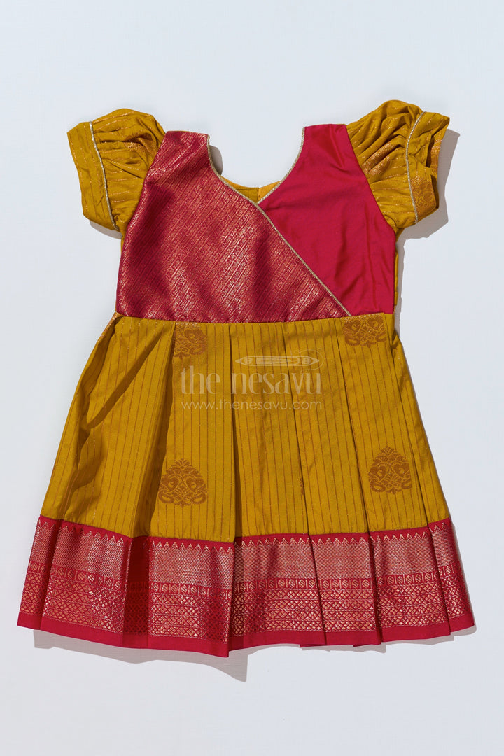 The Nesavu Girls Kanchi Silk Frock Traditional Red Silk Frock for Girls with Kanchipuram Blended Silk and Elegant Zari Border Nesavu 14 (6M) / Red / Style 3 SF816DC-14 Nesavu Traditional Red Silk Frock Girls Kanchipuram Blended Silk Zari Border