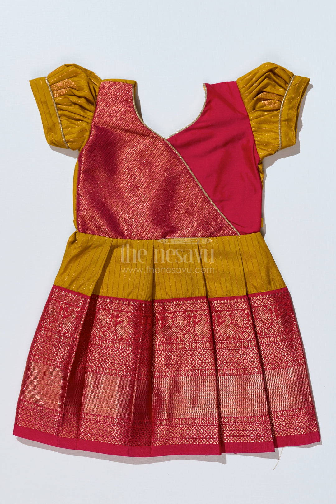 The Nesavu Girls Kanchi Silk Frock Traditional Red Silk Frock for Girls with Kanchipuram Blended Silk and Elegant Zari Border Nesavu 16 (1Y) / Red / Style 1 SF816DA-16 Nesavu Traditional Red Silk Frock Girls Kanchipuram Blended Silk Zari Border