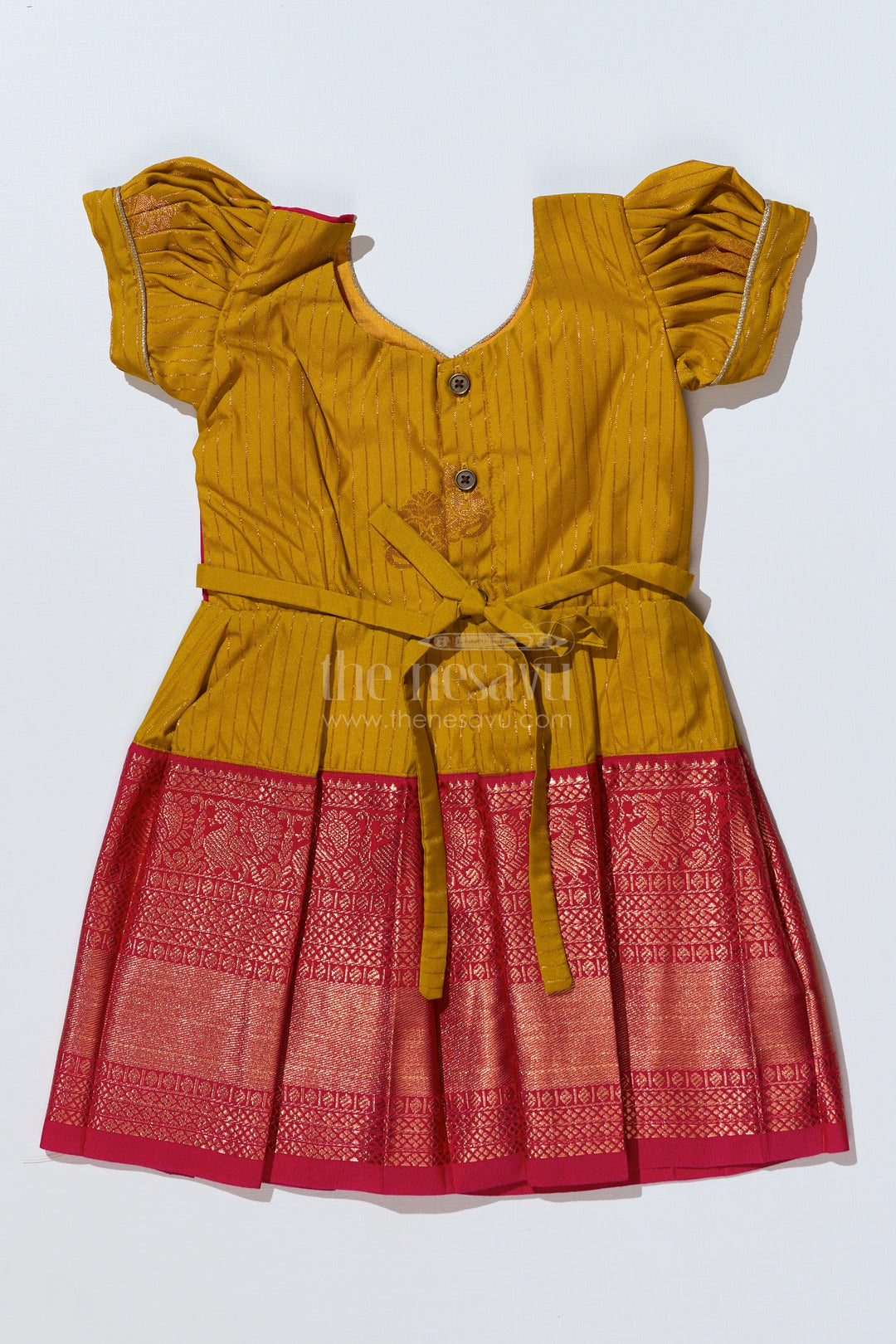 The Nesavu Girls Kanchi Silk Frock Traditional Red Silk Frock for Girls with Kanchipuram Blended Silk and Elegant Zari Border Nesavu Nesavu Traditional Red Silk Frock Girls Kanchipuram Blended Silk Zari Border