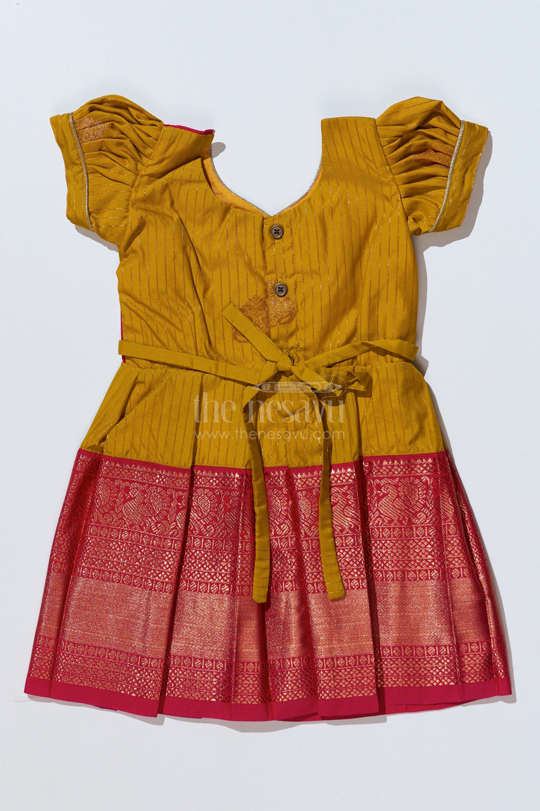 The Nesavu Girls Kanchi Silk Frock Traditional Red Silk Frock for Girls with Kanchipuram Blended Silk and Elegant Zari Border Nesavu Traditional Red Silk Frock Girls Kanchipuram Blended Silk Zari Border | The Nesavu