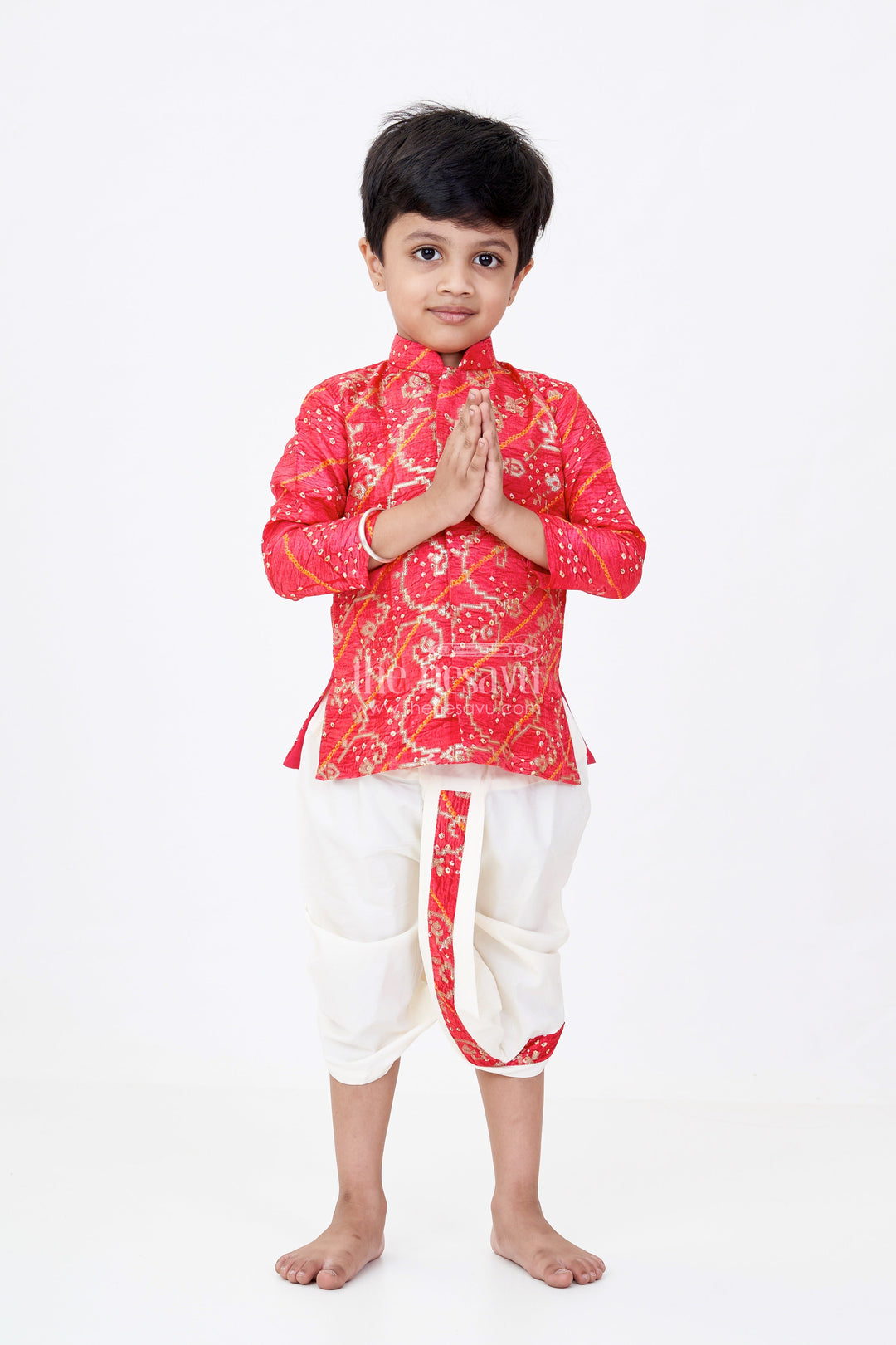 The Nesavu Boys Dothi Set Traditional Silk Dhoti Kurta Set for Boys with Bandhini Print and Classic Embroidery Nesavu 10 (NB) / Pink BES646A-10 Nesavu Traditional Silk Dhoti Kurta Set Boys Bandhini Print Classic Embroidery