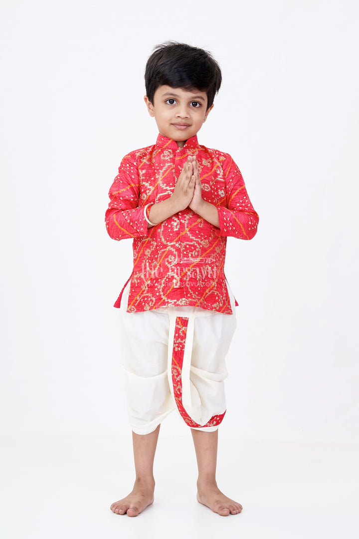 The Nesavu Boys Dothi Set Traditional Silk Dhoti Kurta Set for Boys with Bandhini Print and Classic Embroidery Nesavu 10 (NB) / Pink BES646A-10 Nesavu Traditional Silk Dhoti Kurta Set Boys Bandhini Print Classic Embroidery