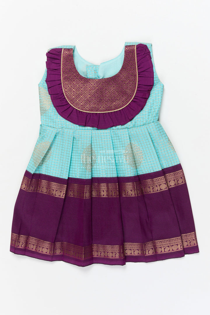 The Nesavu Girls Kanchi Silk Frock Traditional Silk Frock for Baby Girls with Zari Work and Festive Pleats Nesavu 10 (NB) / Turquoise / Style 2 KSF036JB-10 Nesavu baby girl silk frock with zari pleats and contrast yoke for traditional events