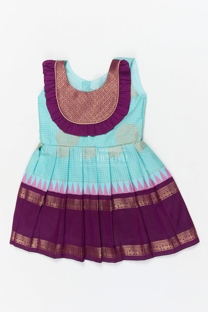 The Nesavu Girls Kanchi Silk Frock Traditional Silk Frock for Baby Girls with Zari Work and Festive Pleats Nesavu 12 (3M) / Turquoise / Style 1 KSF036JA-12 Nesavu baby girl silk frock with zari pleats and contrast yoke for traditional events