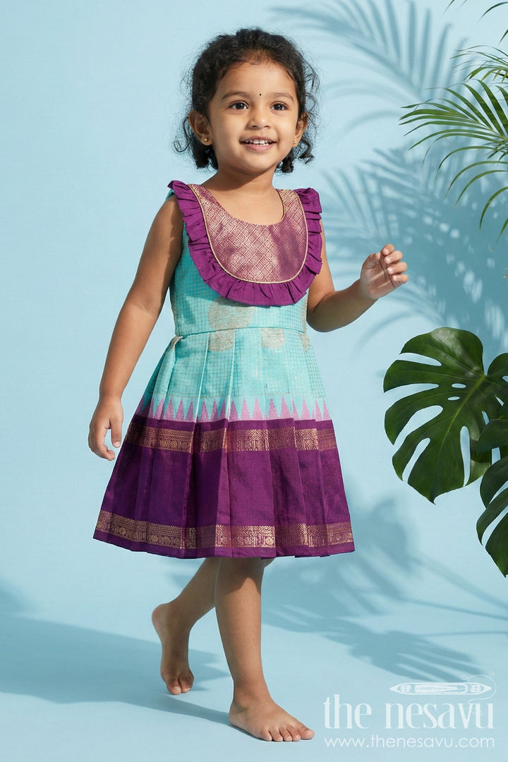 The Nesavu Girls Kanchi Silk Frock Traditional Silk Frock for Baby Girls with Zari Work and Festive Pleats Nesavu 12 (3M) / Turquoise / Style 1 KSF036JA-12 Nesavu baby girl silk frock with zari pleats and contrast yoke for traditional events