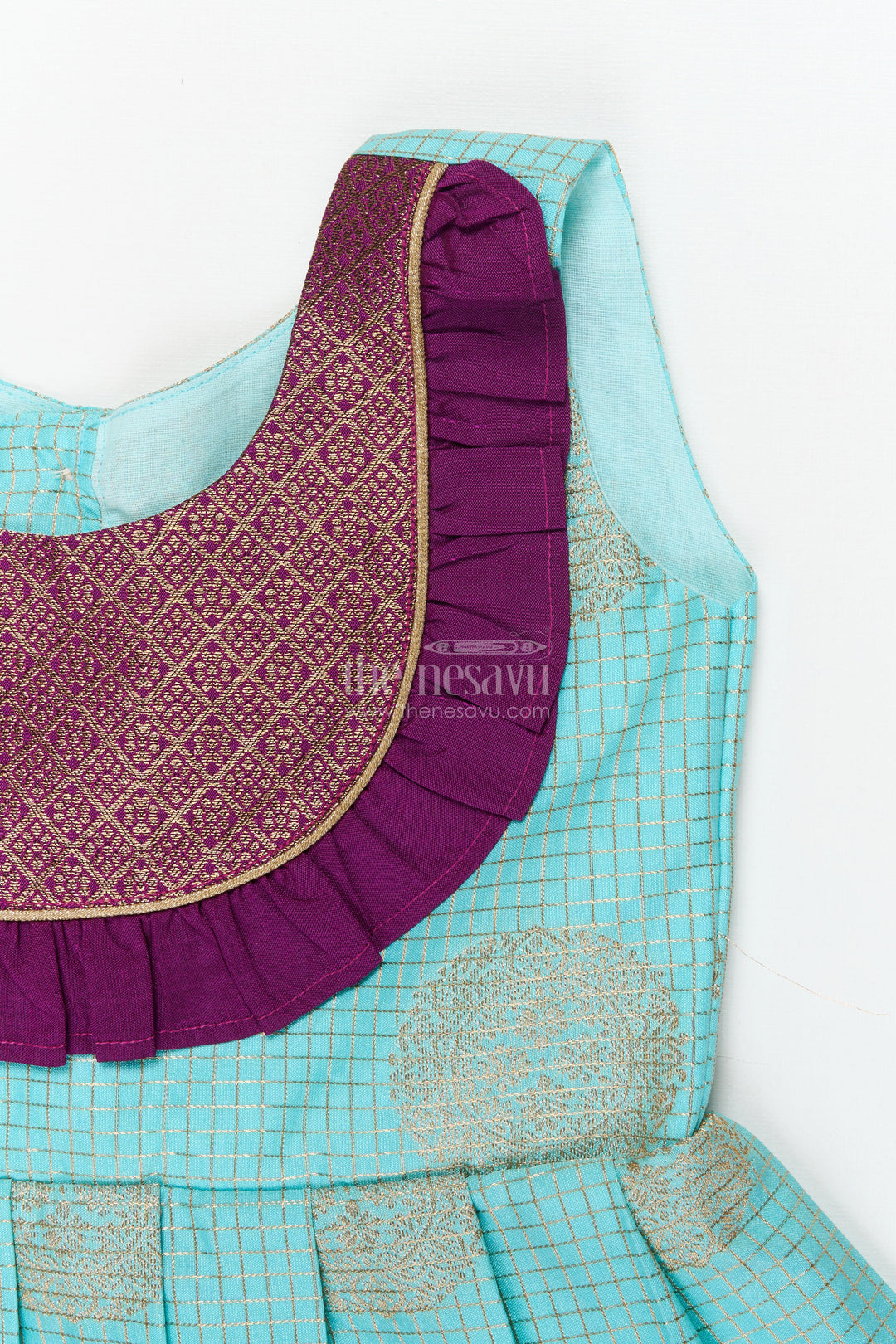 The Nesavu Girls Kanchi Silk Frock Traditional Silk Frock for Baby Girls with Zari Work and Festive Pleats Nesavu Nesavu baby girl silk frock with zari pleats and contrast yoke for traditional events