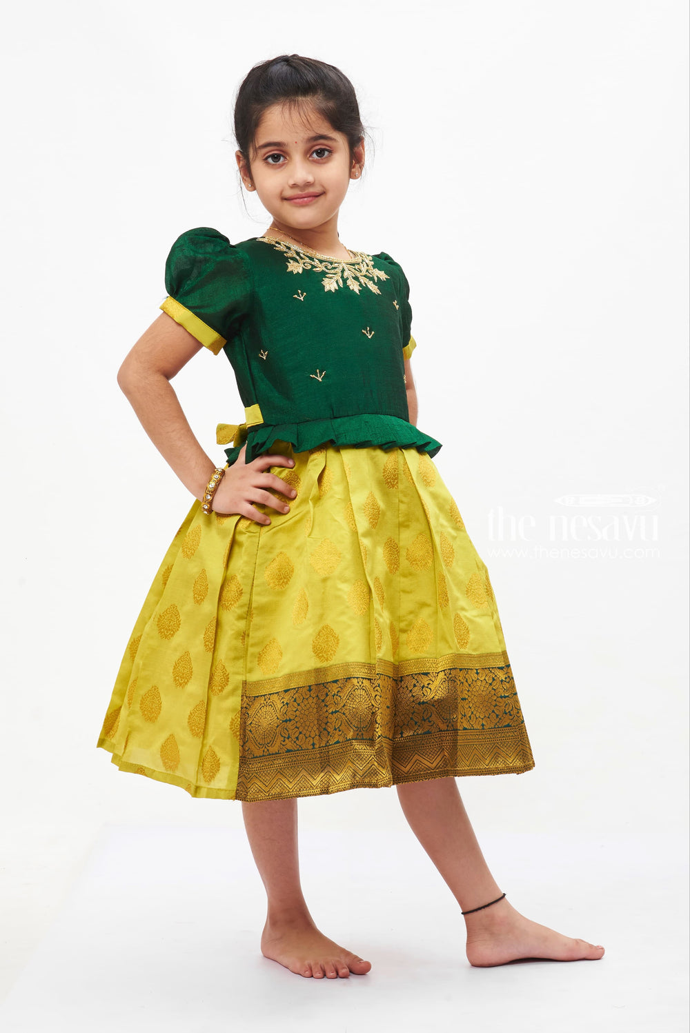 The Nesavu Silk Embroidered Frock Traditional Silk Frock for Girls - Emerald Green with Golden Zari Embroidery Nesavu Girls Emerald Green Silk Frock | Golden Zari Embroidery | The Nesavu